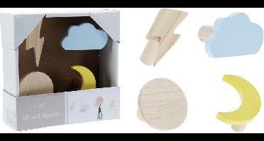 Home & Styling Kapstokken Maan, Zon, Wolk en Bliksem - Set van 4 stuks - Multi