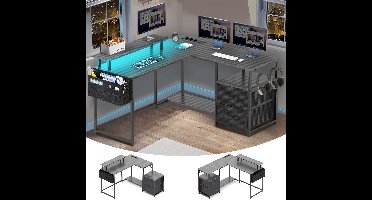 Gaming Bureau met LED Verlichting - 120x120x75cm - L-Vormig Game Bureau met Stopcontact – 2 Non Woven Lade - Gaming Desk - Computer Tafel - Gaming Tafel - Bureau voor Gamen - Zwart