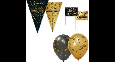 Feestpakket Hartelijk Gefeliciteerd Zwart / Goud – Vlaggenlijn 10 meter + 6 Ballonnen + 50 Prikkers – Golden Celebrations - Versiering Slinger Feestdecoratie Decoratie Verjaardag Jubileum Ballon Feest