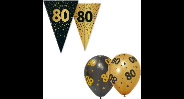 Feestpakket 80 jaar Zwart / Goud – Vlaggenlijn 10 meter + 6 Ballonnen – Golden Celebrations - Versiering Slinger Feestdecoratie Decoratie Verjaardag Jubileum Ballon Feest