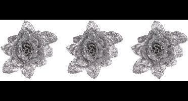 Kerstboomversiering Bloemen - 6x - 10 cm - zilver glitter - op clip - ornament - roos