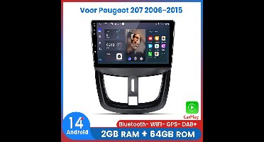Awesafe Carplay Autoradio Geschikt Voor Peugeot 207 2006-2015 - Android 14 - 2GB RAM + 64GB ROM - Draadloos CarPlay & Android Auto - Bluetooth & WiFi - GPS Navigatie