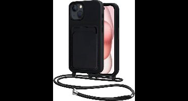 Hoes Geschikt voor iPhone 15 Hoesje Pasjeshouder Cover Met Koord Case Siliconen Hoes Met Telefoonkoord en Kaarthouder - Zwart