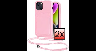 Hoes Geschikt voor iPhone 14 Hoesje Pasjeshouder Cover Met Koord Case Siliconen Hoes Met Telefoonkoord en Kaarthouder - Lichtroze - 2 PACK
