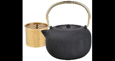 Kinghoff KH-1931 - Gietijzeren theepot - met zeef - geëmailleerde binnenkant - 1l - zwart met gouden handvat