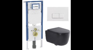 QeramiQ Dely Swirl Toiletset - 36.3x51.7cm - Geberit UP720 Duofix Sigma inbouwreservoir - 35mm zitting - glans witte bedieningsplaat - rechthoekige knoppen - mat zwart