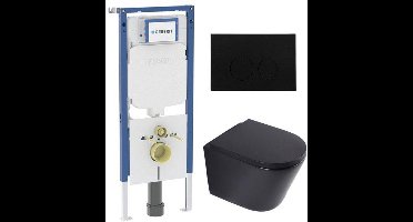 QeramiQ Dely Toiletset - 36.3x51.7cm - diepspoel - rimless - Geberit UP720 inbouwreservoir - softclose toilet zitting 35 mm - kunststof mat zwarte bedieningsplaat - ronde knoppen - mat zwart