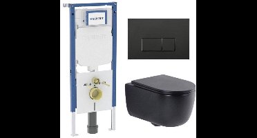 QeramiQ Dely Swirl Toiletset - 36.3x51.7cm - Geberit UP720 Duofix Sigma inbouwreservoir - slim zitting - mat zwarte metalen bedieningsplaat - rechthoekige knoppen - mat zwart