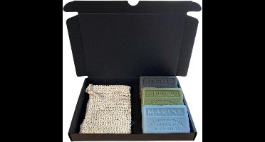 Soap bar cadeauset - zeep savon de marseille Opium, Huile d'olive, Marine 3x125 gr. + zeepzakje, vaderdag