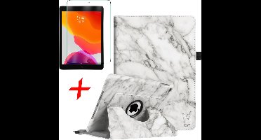 Hoes + Screenprotector geschikt voor iPad 2020 / 2019 10.2 Inch - Draaibare Book Case Hoesje Tablethoes Marmer