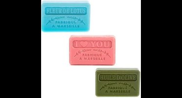 Soap bar set - zeep savon de marseille Fleur de lotus, I love you, Huile d'olive 3x60 gr.