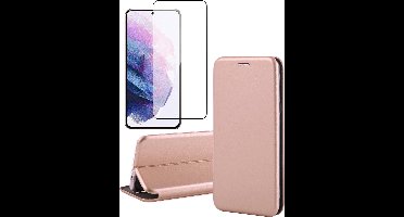 Hoesje geschikt voor Samsung S21 en Screenprotector - Book Case Kunstleer Wallet Cover Hoes Rosegoud + Screen Protector Glas Full Screen