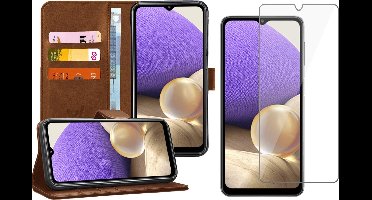 Hoesje geschikt voor Samsung Galaxy A32 5G - Screen Protector GlassGuard - Book Case Kunstleer Pasjeshouder Bruin & Screenprotector