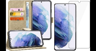 Hoesje geschikt voor Samsung S21 Plus en Screenprotector - Book Case Kunstleer Wallet Goud + Screen Protector Glas