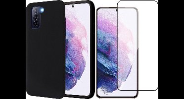 Hoesje geschikt voor Samsung S21 - Zwart Siliconen Case - Screen Protector Glas Full Screen