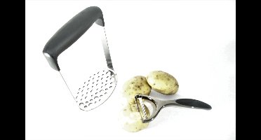 KINGHOFF Professionele Aardappelstamper en Dunschiller Set - Roestvrijstalen Pureestamper met Anti-Slip Greep - Grafietkleurige Dunschiller