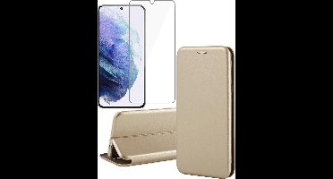 Hoesje geschikt voor Samsung Galaxy S21 Plus - Screen Protector GlassGuard - Book Case Kunstleer ThinShield Goud & Screenprotector