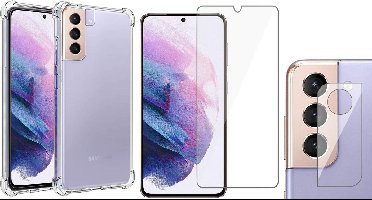 Hoesje geschikt voor Samsung Galaxy S21 - Screenprotector GlassGuard & Camera Lens Screen Protector - Back Cover Case ShockGuard Transparant