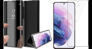 Hoesje geschikt voor Samsung S21 en Screenprotector - Spiegel Book Case Cover Hoes Zwart + Screen Protector Glas