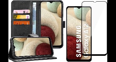 Hoesje geschikt voor Samsung Galaxy A12 - Screen Protector FullGuard - Book Case Kunstleer Pasjeshouder Zwart & Screenprotector