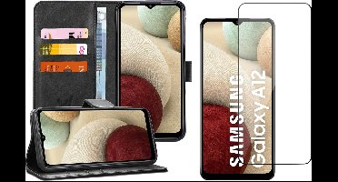 Hoesje geschikt voor Samsung Galaxy A12 - Screen Protector GlassGuard - Book Case Kunstleer Pasjeshouder Zwart & Screenprotector