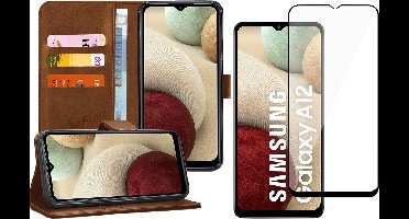 Hoesje geschikt voor Samsung Galaxy A12 - Screen Protector FullGuard - Book Case Kunstleer Pasjeshouder Bruin & Screenprotector