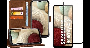 Hoesje geschikt voor Samsung Galaxy A12 - Screen Protector GlassGuard - Book Case Kunstleer Pasjeshouder Bruin & Screenprotector