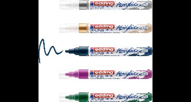 edding 5100 acrylstiften medium - mosgroen, bessenrood, elegant nachtblauw, rijkgoud en zilver - set met 5 acrylkleuren (basis) - medium ronde punt 2-3 mm - acrylverf voor schilderen op canvas, hout - acrylstiften, watervast