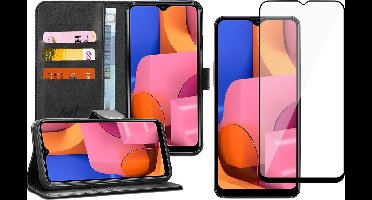 Hoesje geschikt voor Samsung Galaxy A20s - Screen Protector FullGuard - Book Case Kunstleer Pasjeshouder Zwart & Screenprotector