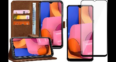 Hoesje geschikt voor Samsung A20s en Screenprotector - Book Case Kunstleer Wallet Cover Bruin + Screen Protector Glas Full Screen