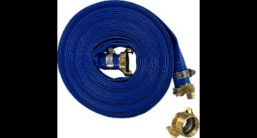 Platte waterslang 25 mm, 10 meter lang, voor dompelpompen. 3 bar met 2 Geka koppelingen gemonteerd