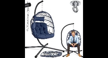ApexArte® Egg Hangstoel - Hangstoel met Standaard - Chair voor Binnen en Buiten - Marineblauw