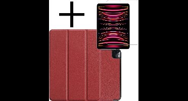 Hoes - Geschikt voor Apple iPad Pro (2022) - 11 inch - 4e generatie - Met Screenprotector - Trifold Bookcase - Hard Cover - Hardcover Book Case - Tablet Hoesje - Donkerrood