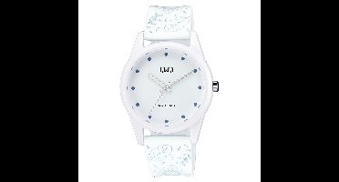 Q&Q V08A-001VY - Horloge - Sport - Analoog - Dames - Vrouwen - Kinderen - Plastic band - Rond - Kunststof - Stippen - Bloemen - Wit - 10 ATM