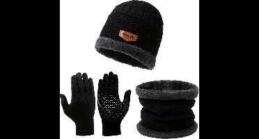 Gebreide Beanie Muts, Col-Sjaal & Handschoenen - Wol Gevoerd - Warme Baggy Skimuts - Winter Muts, Nekwarmer en Handschoenen Set voor Dames - Ideaal voor Skiën & Outdoor - Zwart