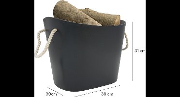 Houtmand kunststof met touw handgrepen - haardhout mand zwart - opbergmand - haardmand