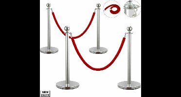 Mexxo® - Staanderpalen Zilver - Met Rood Fluwelen Touw - Cinema - Rode Loper Paaltjes - Afzetpalen Voor Events - Wachtrij - Crowd Control - Entrance