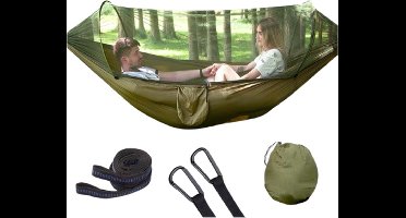 Reishangmat met Muggennet 1 Persoons – Groen - Ideale hangmat voor op reis, gemaakt van ademend parachutestof. Slechts 750 gram en zeer compact, perfect voor wandelen, fietsen. Met muggennet voor bescherming tegen insecten.