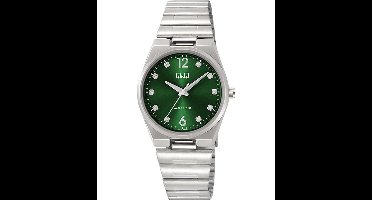 Q&Q Q84B-004PY - Horloge - Polshorloge - Analoog - Dames - Vrouwen - stalen band - Metaal - Overig - Cijfers - Stippen - Briljanten - Zilverkleurig - DonkerGroen
