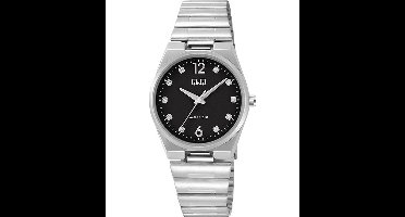 Q&Q Q84B-006PY - Horloge - Polshorloge - Analoog - Dames - Vrouwen - stalen band - Metaal - Overig - Cijfers - Stippen - Briljanten - Zilverkleurig - Zwart