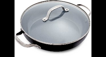 GreenPan Valencia Pro Aluminium Ronde Hapjespan met deksel Ø 28cm - 4.2L - PFAS-vrij - inductie - Ovenbestendig 220 graden - Vaatwasserbestendig - RVS handvaten - Grijs