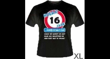 Paper Dreams T-shirt Hoera 16 Jaar - Zwart - Unisex - Maat XL