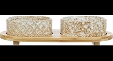 trixie - voerbak - drinkbak voor honden - dubbel - 2 x 800 ml - wit/bruin-natuur - keramiek en bamboo -