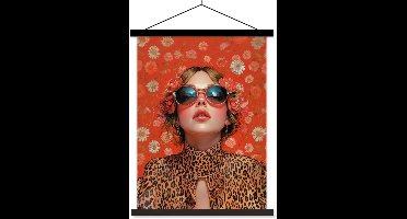 Posterhanger incl. Poster 90x120 cm - Schoolplaat - Vrouw - Kleurrijk - Dierenprint - Bloemen - Textielposter - Zwarte latten