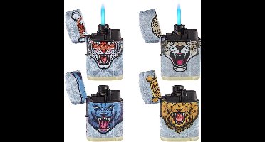 4x Turbo jet flame aanstekers met Wild Animal print - tegen wind - navulbaar