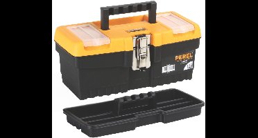 Perel Gereedschapskoffer, polypropyleen, met verwijderbare inlegbak, 2 organizers in het deksel, inklapbaar handvat en metalen sluiting, zwart/geel, 320 x 155 x 139 mm