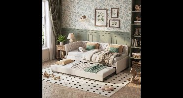 Bedbank Beige Fluweel - ADFBL - 90x200cm – Met Uitschuifbaar Logeerbed – Luxe Chesterfield Design – Bed met Rugleuning