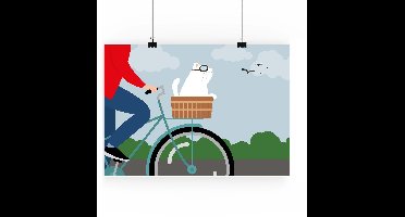 Artprint Fietsen met kat - illustratie in A4 formaat - Poster met fietsend persoon met een kat in de voormand