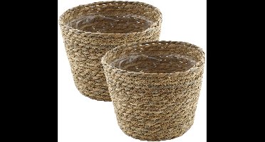 VD Leeden Planten of bloemen mand - 2x - rond - zeegras gevlochten - D18 x H15 cm - plantenmand - bloempot - bloemenmand