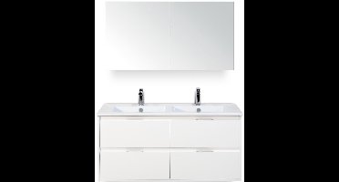 Porto Badmeubelset 120 cm - 4 Laden Wit Hoogglans - Keramische Wastafel Wit Slim met Spiegelkast
